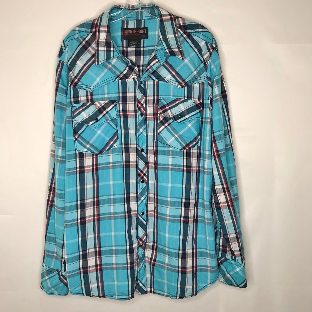 NORTHPOINT Men’s Shirt 2XL Western Black Pearl Snap Turquoise Plaid Long Sleeves
